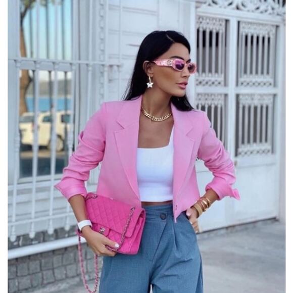 Zara Pink Lapel Collar Cropped Blazer Jacket Size Small - Picture 1 of 7